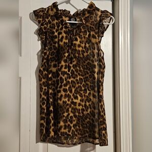 Bobeau Animal Print Ruffle Neck Blouse